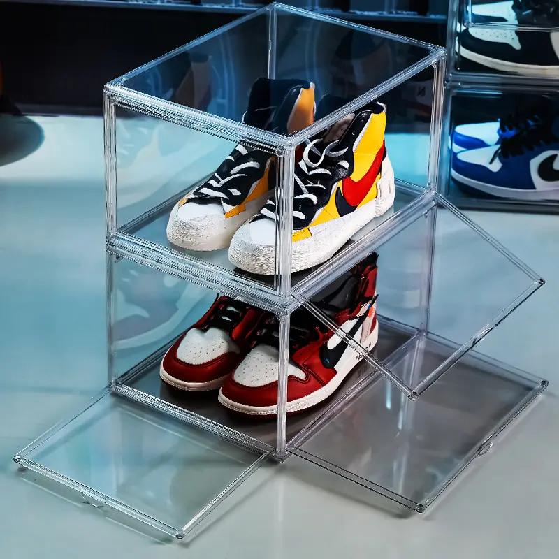 Foldable magnetic side open custom organizer case giant transparent plastic clear sneaker plastic display shoe storage box