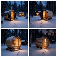 Sauna en bois de cèdre moderne pour l'extérieur, type cabane, avec chauffage au bois, résistant aux intempéries et au design durable, idéal pour la terrasse de la villa ou du jardin.