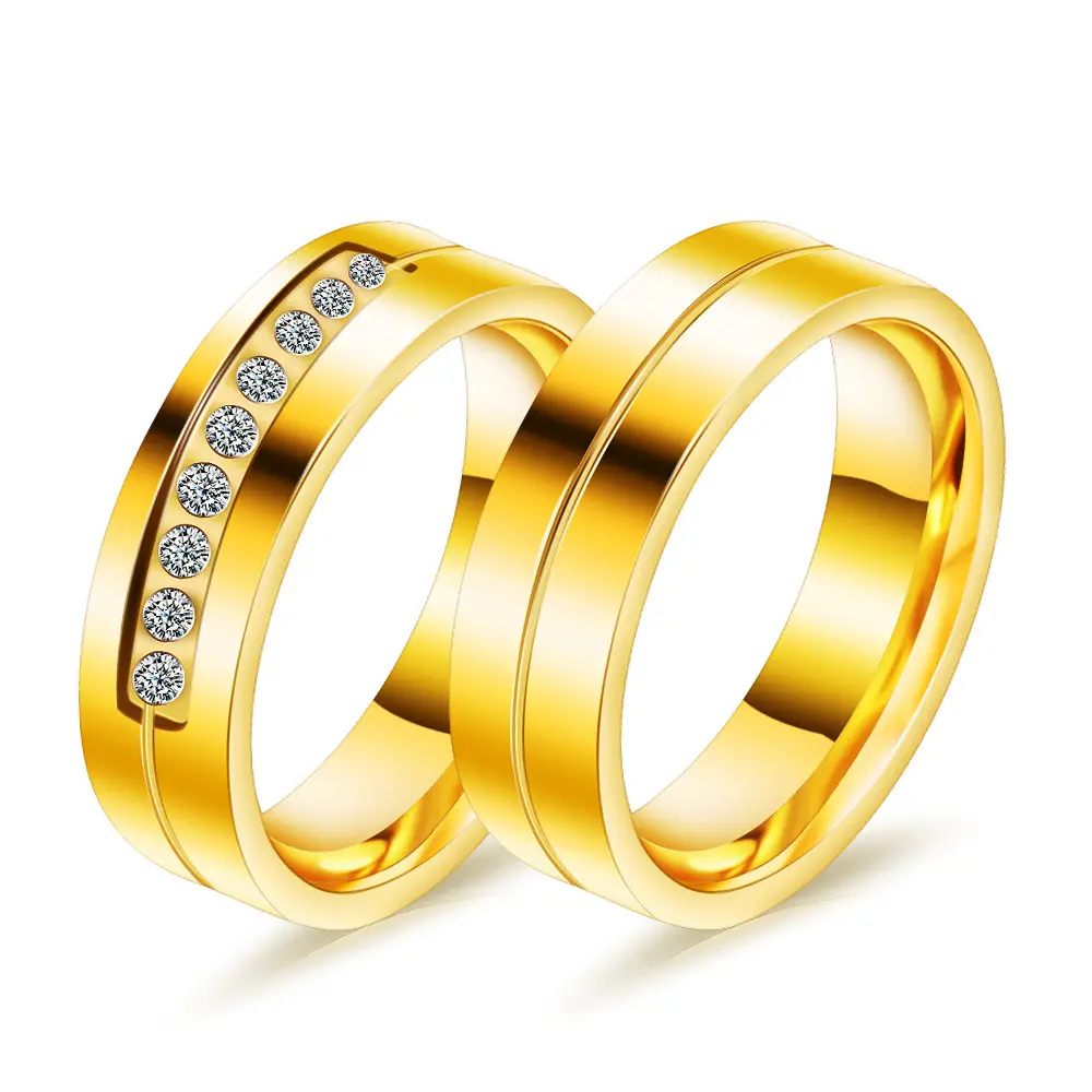 Stainless steel rings pair single row inlaid zirconium 18K gold couple ring for women
