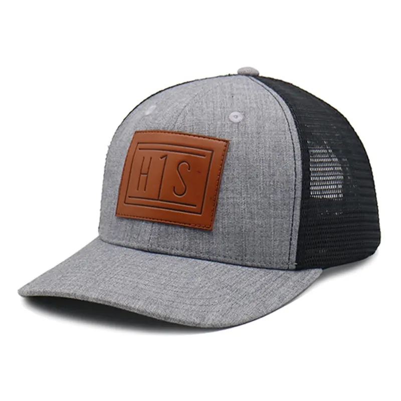 Casquette de camionneur en coton mélangé de Polyester gris, vente en gros, Patch en cuir à 6 panneaux, chapeau de camionneur en maille pour hommes