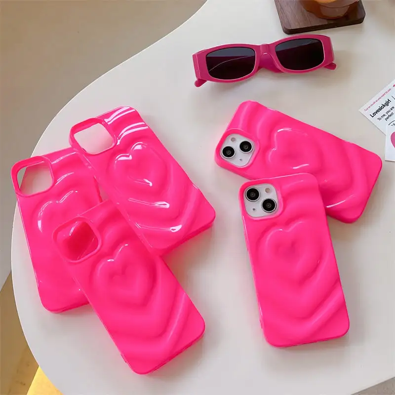 Expédition rapide à votre entrepôt 3D rides amour coeur Fluorescent rose mignon brillant étui de téléphone souple pour iPhone 12 13 14 Pro Max