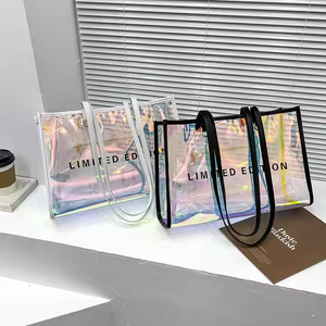 Bolso de compras promocional de PVC láser holográfico con logotipo personalizado de gran oferta con asa de cuero PU MOQ bajo y a la moda - Product Image 3