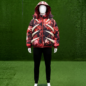 Veste matelassée à capuche pour homme avec motif imprimé 3D, couleur rouge et noir, coupe-vent, streetwear, style anglais, doublure en sherpa - Product Image 1