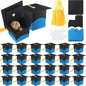 Püsküller ile mavi mezuniyet hediye kutusu DIY şeker çikolata hatıra şeker kutusu Favor kutusu mezuniyet töreni için parti