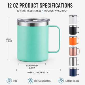 Gobelets isothermes en acier métallique personnalisables de 12 oz, 14 oz et 16 oz, réutilisables, pour le bureau, le café, les voyages, avec poignée et couvercle, en gros - Product Image 4