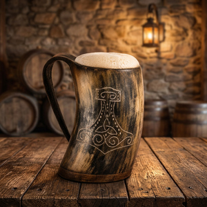 Large Capacity Carved Thor Hammer Design Natural Shape Antique Imitation Collectible Craft Horn Mug Viking Eco-Friendly Ox Horn - Product Image 3