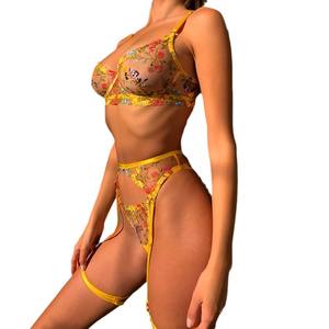 <span class=keywords><strong>Ensemble</strong></span> de lingerie trois pièces sexy jaune à motif floral champêtre, style gilet, avec soutien-gorge, <span class=keywords><strong>porte</strong></span>-jarretelles et string, offrant un bon maintien - Product Image 1