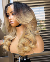 Perruque Body Wave en Cheveux Humains Ombrés Blond Miel avec Racines Foncées, Sans Colle, Dentelle HD Transparente, 100% Cheveux Humains Colorés