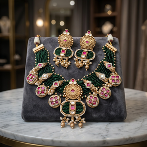 Ensemble de collier long et de boucles d'oreilles plaqué or 24 carats, style traditionnel et tendance indien, pour mariée, mariage, fête, bijoux pour femmes - Product Image 2