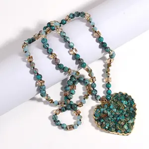 Fashion Bohemian Jewelry Accessories Natural Stone 6mm Beads Crystal Glass Knotted Love Unique Heart Pendant Necklace