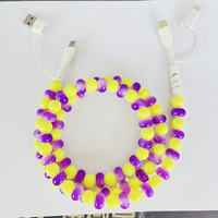 Câble de charge perlé jaune et violet style bijoux mignon, câble de synchronisation de données 2.4A, bracelet perlé tendance, câble de charge portable