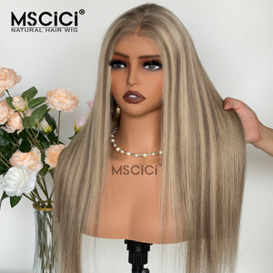 Parrucca Liscia con Highlights in <span class=keywords><strong>Capelli</strong></span> Umani Brasiliani, <span class=keywords><strong>Biondo</strong></span> <span class=keywords><strong>Cenere</strong></span> Misto, 13x4 HD, con Pizzo Trasparente Frontale, Pre-Piumata, Senza Colla - Product Image 1
