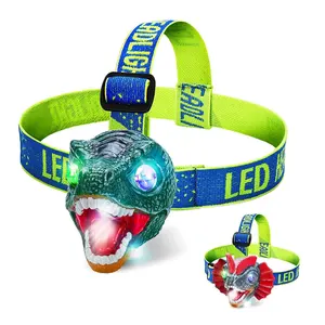 Kids dinosaur headlamp flashlight adjustable LED headlight for outdoor camping gear head light dinosaur toy with dino roar sound