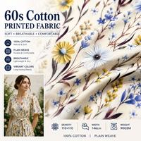 Vente flash - Tissu imprimé en coton 60s, toucher doux, bleu et jaune, motif floral, pour robe d'été