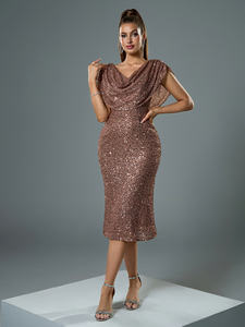 Phụ Nữ Thanh Lịch Cowl Cổ Màu Rắn Ngắn Cánh Dơi Tay Áo Sequins Lấp Lánh Buổi Tối Bên Ăn Mặc <span class=keywords><strong>V</strong></span>ới Ruched Vai Thiết Kế - Product Image 4