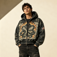 Sweat à capuche zippé vintage délavé avec motif personnalisé en relief, en coton épais 100 %, style streetwear hip-hop