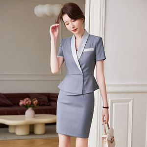 Women's Summer <b>Office</b> Suit <b>Set</b> Short Sleeve Skirt Formal Workwear Anti-Wrinkle Polyester Fabric - Product Image 2