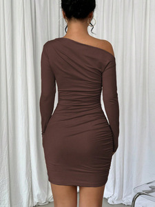 Robes pour femmes, couleur unie, coupe ajustée, nouvelles robes à épaules dénudées, manches longues, tendance - Product Image 4