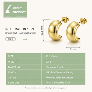 Boucles d'oreilles clous demi-cercle épaisses, en acier inoxydable avec placage sous vide or 14K, design incurvé large en forme de C, couleur or et argent - Product Image 2