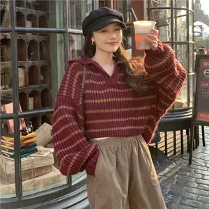 Suéter Jersey Mujer Primavera y otoño 2024 Nueva raya Underlay Estilo corto Popular Premium Suéter Mujer 3690 #