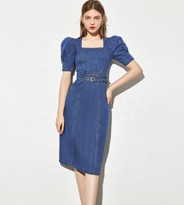 Nuevo Vestido <span class=keywords><strong>Midi</strong></span> Vaquero Personalizado para Mujer con Mangas Abullonadas, Vestidos Vaqueros con Cinturón y Cuello Cuadrado para Mujer - Product Image 4