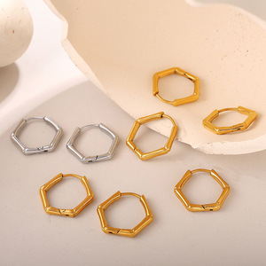 Pendientes de Aro Hexagonales de Acero Inoxidable, Chapados en Oro de 18K, Plateados, para Uso Diario, Diseño Irregular Moderno, EH1198 - Product Image 1
