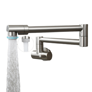 Grifo de cocina de lujo de latón montado en la pared con doble manija, rociador lateral, brazos oscilantes de doble articulación negros y diseño de llenador de ollas - Product Image 1