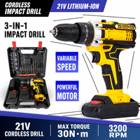 Perceuse à percussion sans fil 21V, ensemble d'outils électriques 3-en-1 avec 2 batteries et chargeur, kit de tournevis à vitesse variable au lithium-ion