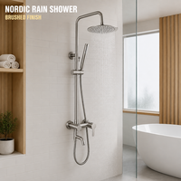 Ensemble de douche 3 fonctions en acier inoxydable 304 brossé, avec pommeau de pluie rond, douchette à main et bec de baignoire orientable apparent, vente en gros