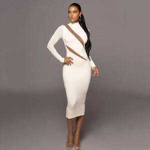 Women's Round Neck Long Sleeve Patchwork Midi Dress Sheer Layer Detail Natural Waistline Leisure Wear - Product Image 1