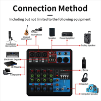 Console audio professionnelle 5 canaux avec alimentation fantôme 48V, mini table de mixage DJ avec USB pour l'enregistrement, le karaoké, la lecture sur PC, table de mixage audio