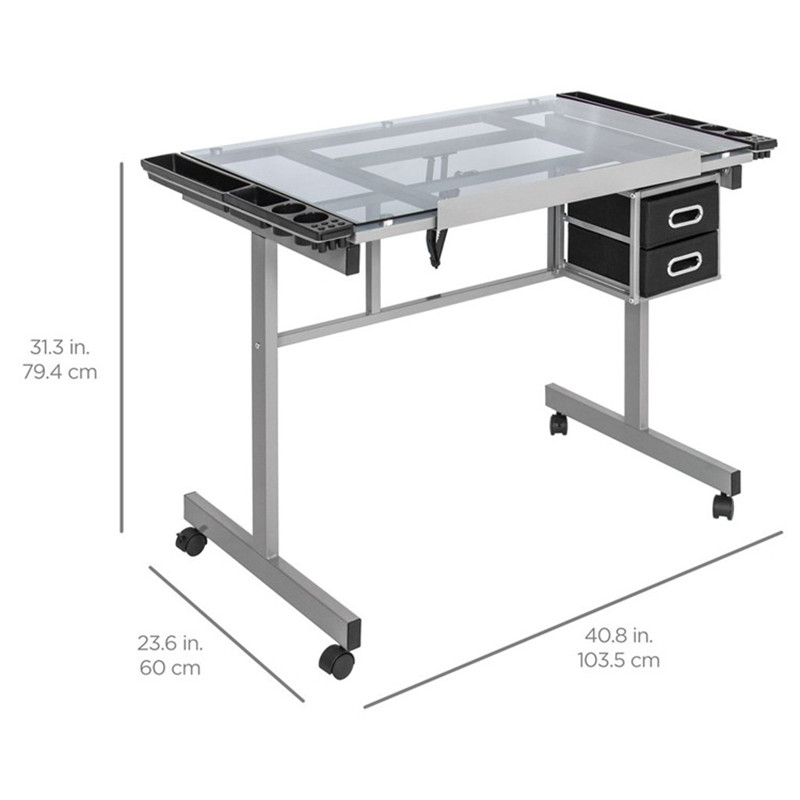 Home Office Drawing Desk Station Tempered Glass Adjustable Drafting Table