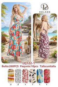 Robe longue imprimée florale LQ122-1, col en V profond, coupe trapèze, en mousseline, cache-maillot de bain, sans manches, coupe régulière, taille naturelle - Product Image 3