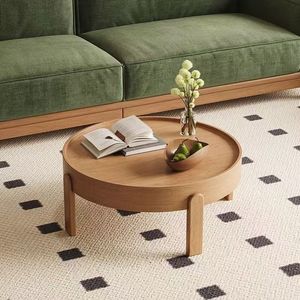 Cream Colored Coffee Table Round Combination Solid Wood Legs Nordic Style Living Room Modern Table - Product Image 4