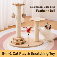 Jouet interactif pour chat 8-en-1 en bois avec griffoir en sisal, balles suspendues, plumes, piste rotative et balles de catnip