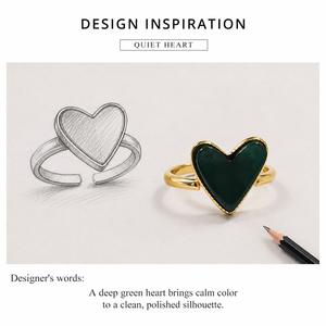 <b>Green</b> Natural Stone Heart <b>Ring</b> Stainless Steel 14K Gold Vacuum Plated Adjustable Statement <b>Ring</b> - Product Image 2