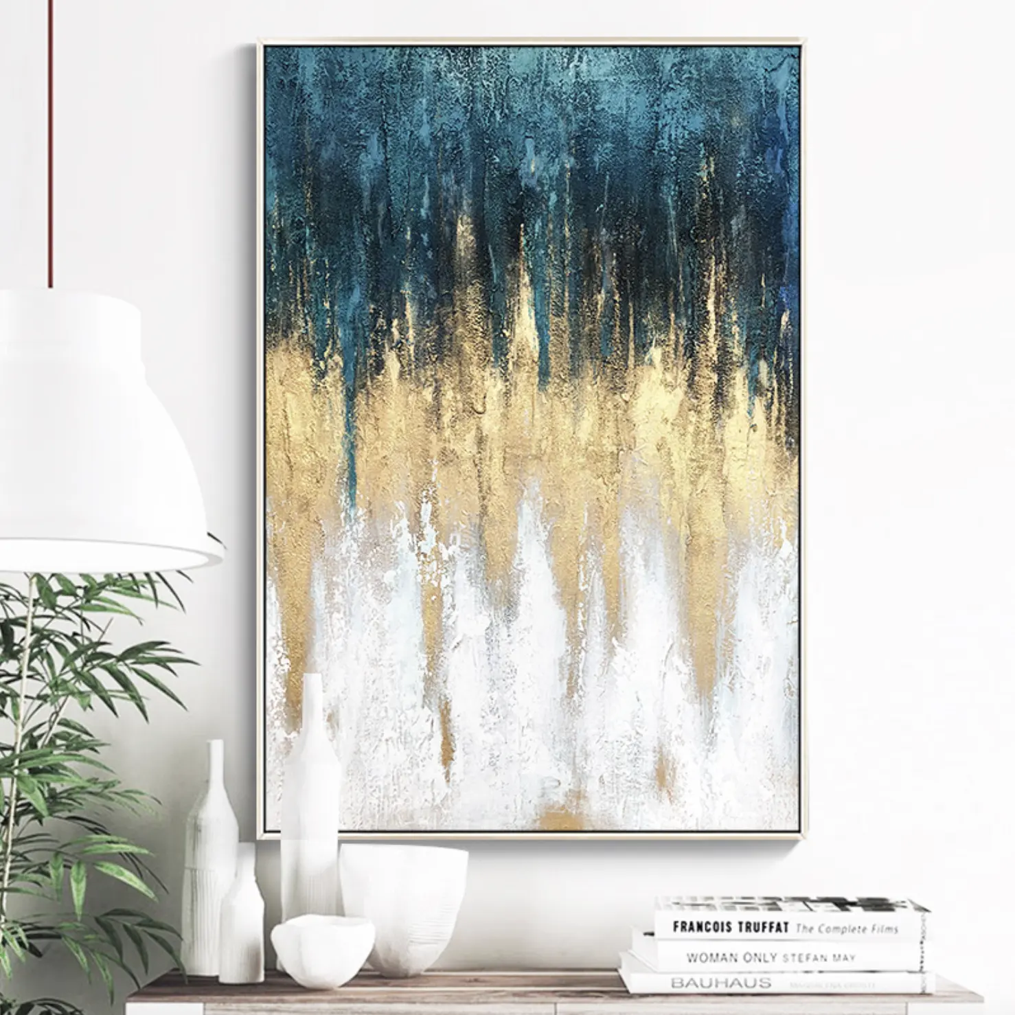 100% Handmade Modern style Customized Deep Blue Gold Abstract Wall Art Canvas Landscape Oil Painting