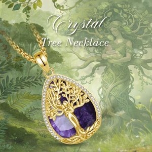 Talisman Mère et Enfant Protection Psychique Pendentif Goutte d'Eau Arbre de Vie Plaqué Or 18K avec Améthyste Naturelle et Zircon - Product Image 5