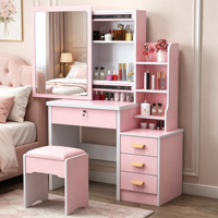 Commode moderne en MDF durable avec miroir LED amovible, tiroirs et tabouret pour salle de bain