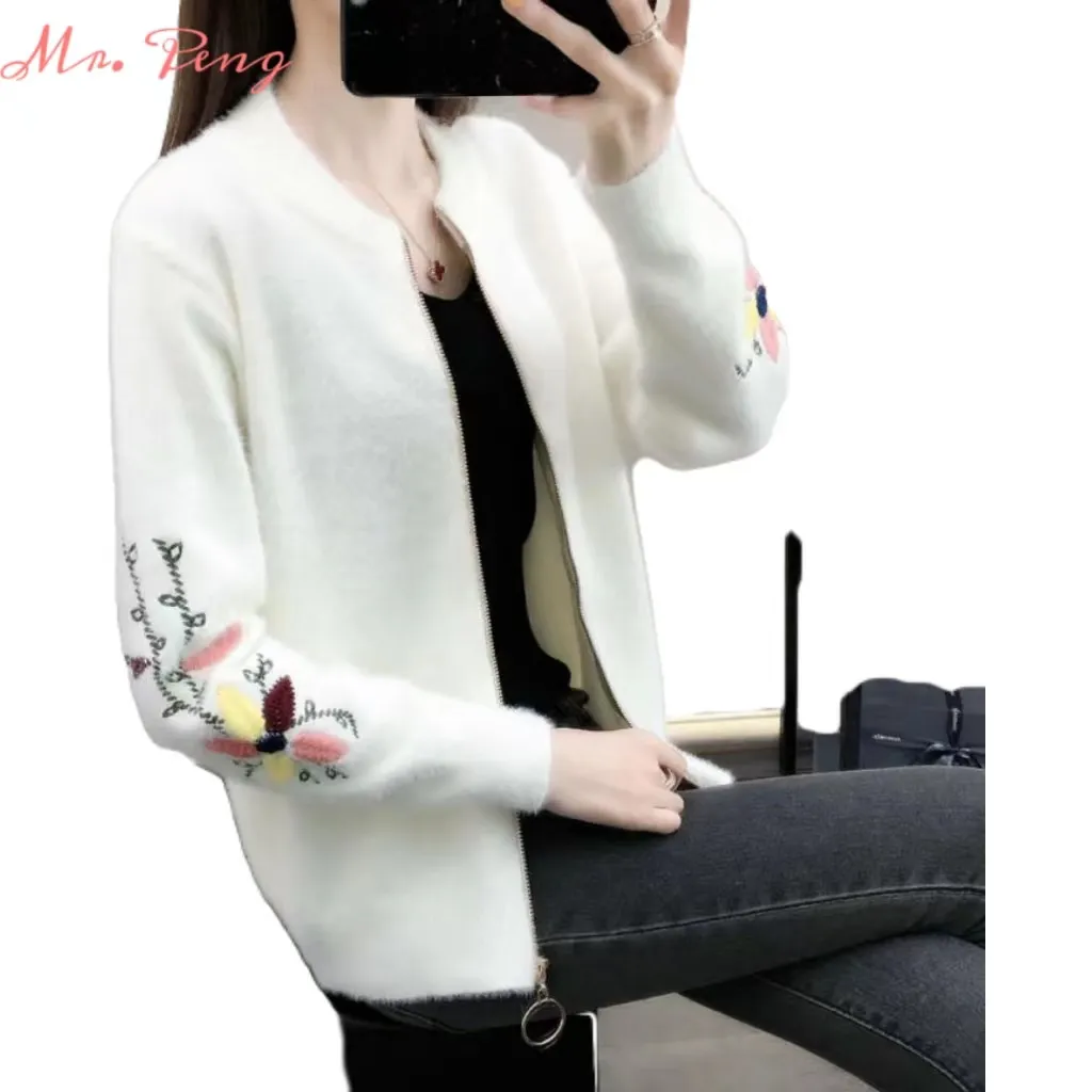 Hot sale casual long Sleeve o neck knitted Flower Embroidery sweater cardigan Zip up Short Sweater Coat