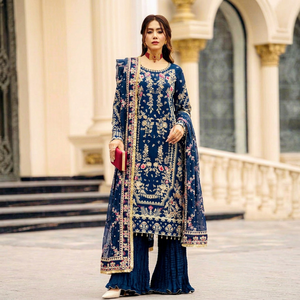 Conjunto de Salwar Kameez de Poliéster Azul Bordado con Dupatta de Malla Floral, Traje Tradicional Indio Pakistaní para Bodas y Fiestas - Product Image 1