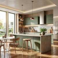 Armoires de cuisine modulaires en contreplaqué sur mesure à une seule façade avec plan de travail en Solid Surface et four encastré
