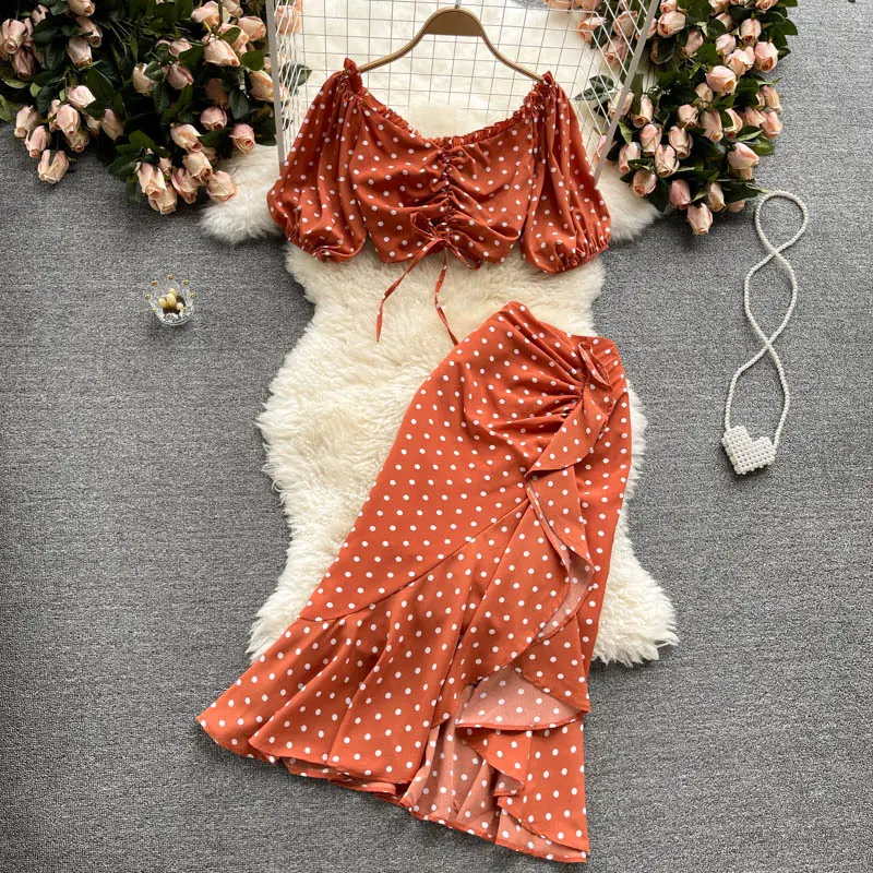 2022 Sweet Casual Polka Dot Summer Dress Puff Sleeve Short Top Seaside Holiday High Waist Ruffled Skirt Two Piece Set