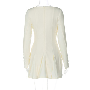 Robe courte plissée à col bateau et manches longues pour femme - Robes de soirée décontractées élégantes avec perles - Product Image 6