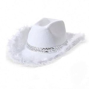 Nouveaux chapeaux de cowgirl roses de style occidental unisexes, chapeau Fedora à bord roulé avec bordure en plumes pour festival, fête, pêche, au design féminin - Product Image 6