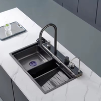 Ensemble d'évier de cuisine moderne en acier inoxydable 304 et laiton, rectangulaire, à cuve unique, avec égouttoir, multifonctionnel, finition gris brossé