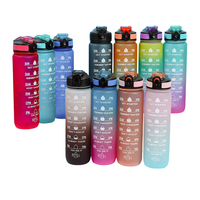Bouteille d'eau transparente pour le sport et la gym, 32 oz (1000 ml), sans BPA, anti-fuite, en Tritan, avec marqueur de temps