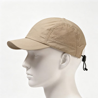 Gorra de Camping de Poliéster y Nailon de Alta Calidad con Logotipo Personalizado, Orificios Laterales Cortados con Láser, Cuerda Ajustable, 5 Paneles, Gorra Deportiva Sin Estructura