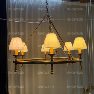 American Vintage Round Chandelier Rustic Farmhouse Pendant <strong>Light</strong> with Fabric Shade Retro 6 <strong>Lights</strong> Dining Room Lighting Fixtures - Product Image 2
