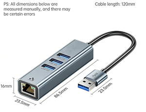 อะแดปเตอร์ USB 3.0 อลูมิเนียม 4 in 1 พร้อมอะแดปเตอร์ Gigabit Ethernet 1000Mbps RJ45 พอร์ต LAN แบบใช้สาย ตัวแยกสัญญาณข้อมูลหลายพอร์ตสำหรับแล็ปท็อปและพีซี - Product Image 6